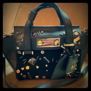 Black suede and leather embellished crossbody bag